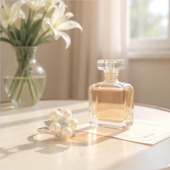 Faux Pearl&Crystal Cocktail Ring, large floral design, adjustable 🌺🤍🩶 - Picture 2 of 4